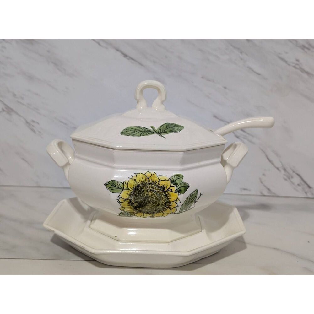 Georges Briard MCM Ceramic Tureen Lid Ladle & Platter Sunflower Pattern